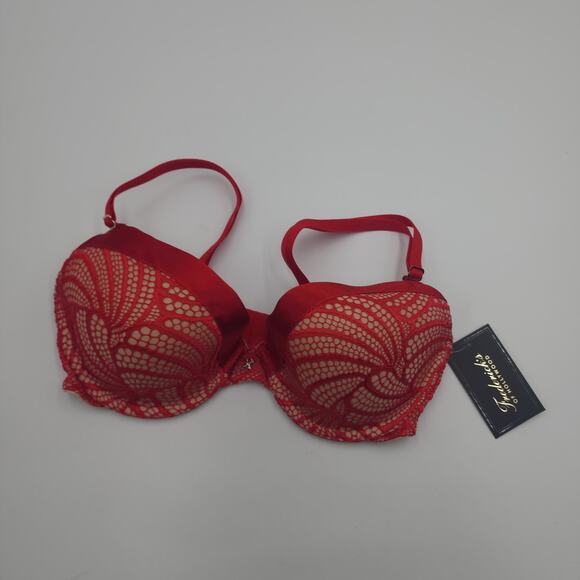 Fredericks of Hollywood Exxtreme Tuxedo Lace Push Up Bra in Red Size 32D - Picture 1 of 9